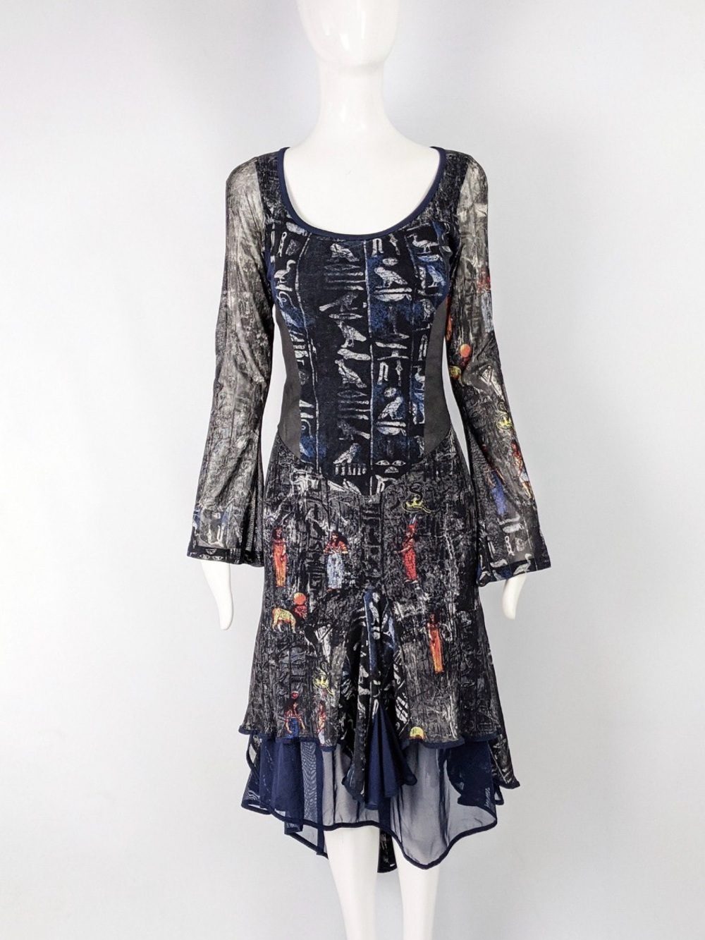 Save the Queen! Italian Mesh Dress Egyptian Hieroglyphic Print Asymmetrical Hem - Picture 3 of 11